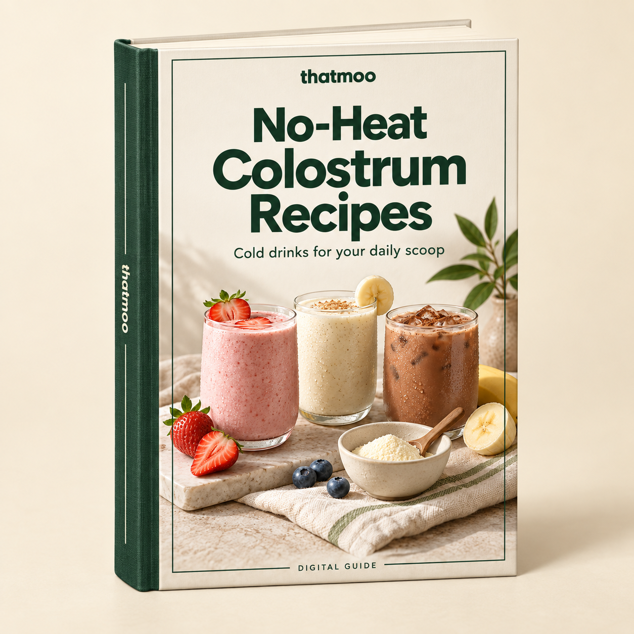 No-Heat Colostrum Recipes — ThatMoo book mockup; digital guide