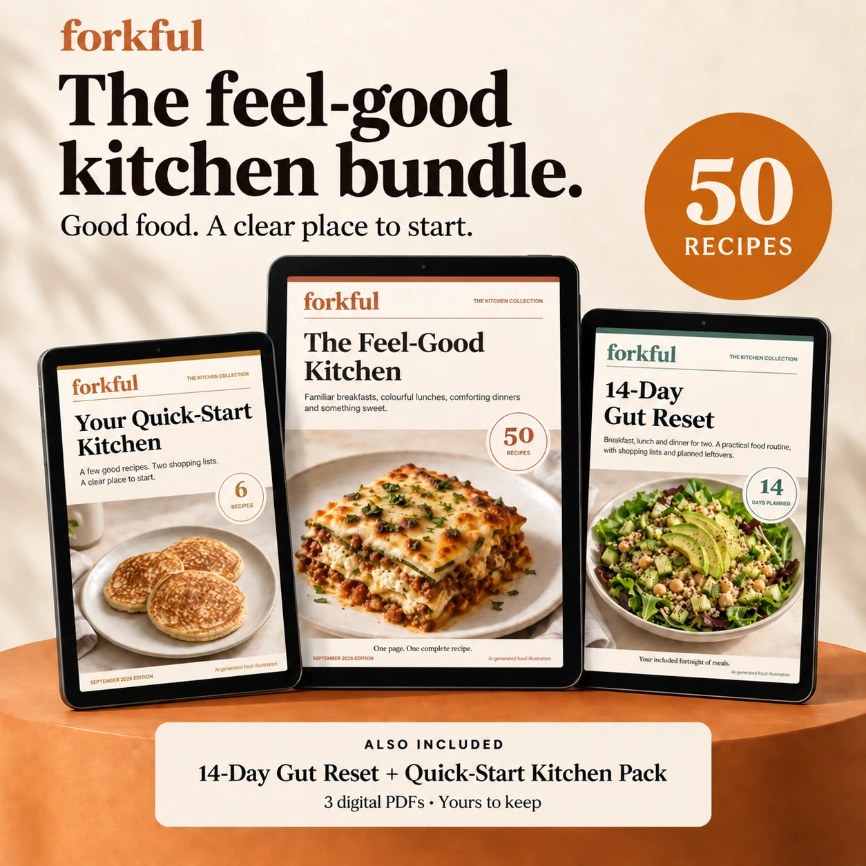 The forkful ebook bundle: 50-recipe cookbook, 14-Day Gut Reset and Quick-Start Kitchen Pack, shown with their new food-photo covers