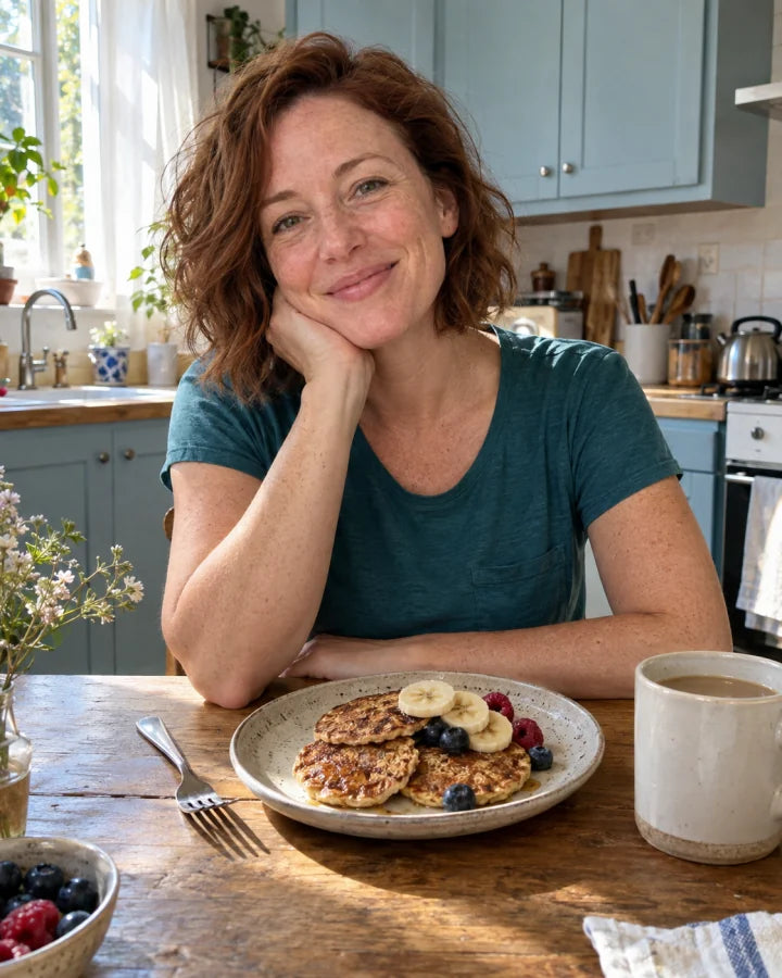 AI-generated demo: woman at a sunny kitchen table with pancakes and berries
