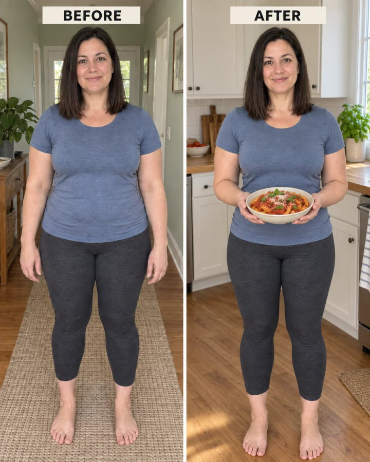 AI-generated demo: before-and-after comparison with the woman holding a bowl of pasta in the after panel