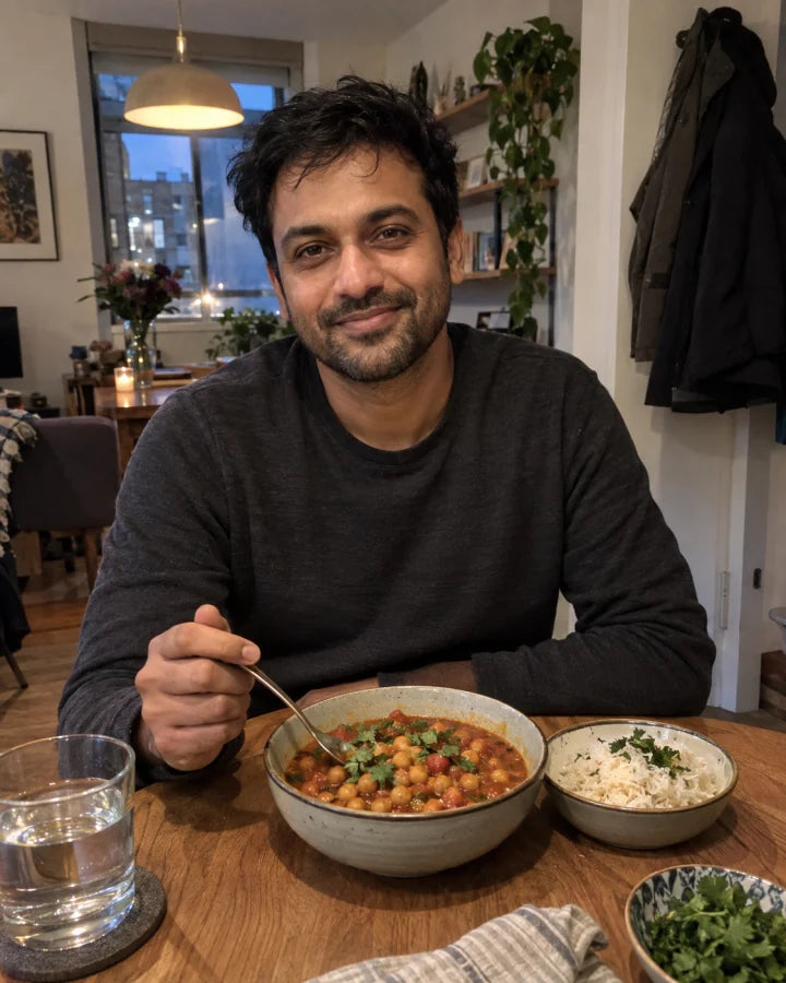 AI-generated demo: man seated at home with chickpea curry and rice