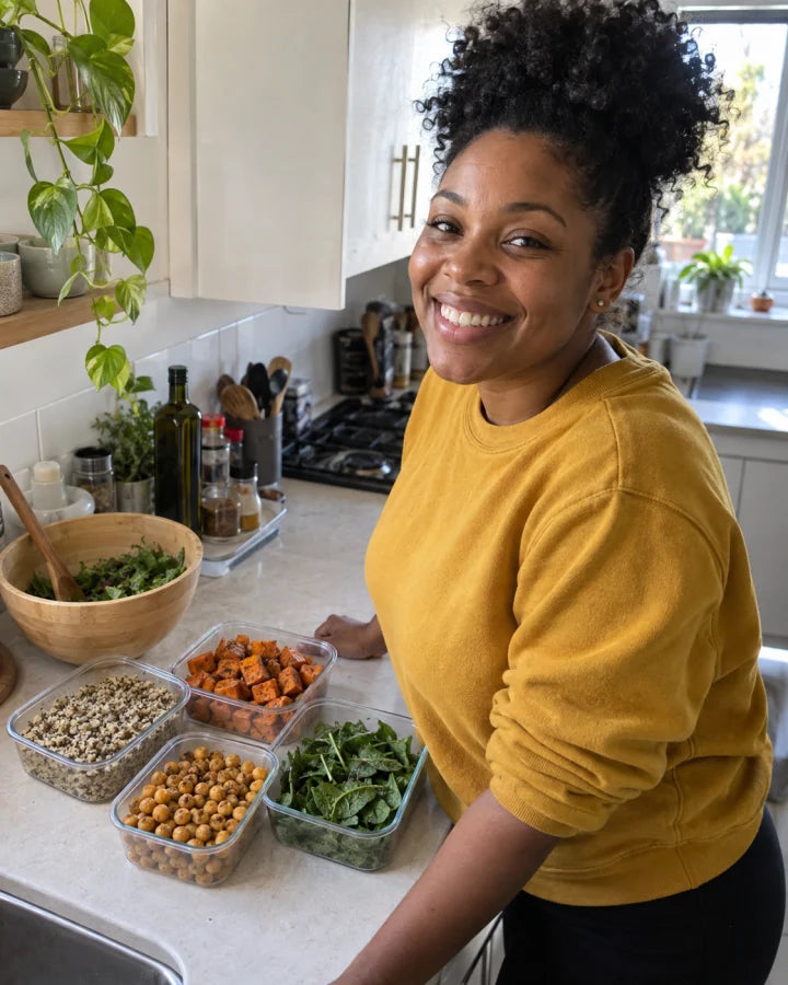 AI-generated demo: woman preparing colourful grain-salad lunch boxes in her kitchen