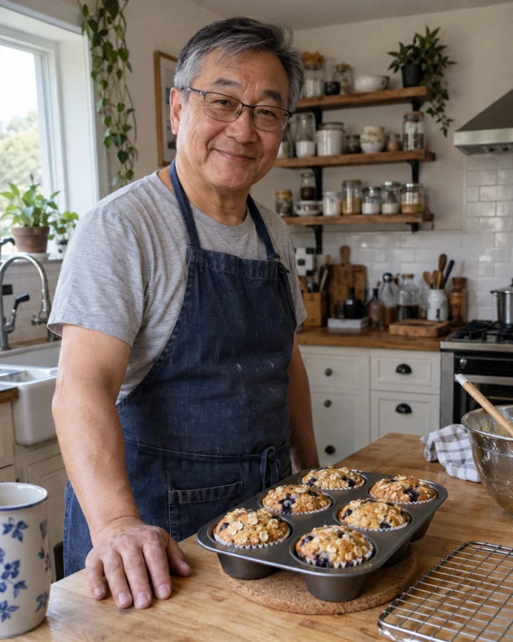 AI-generated demo: older man beside a tray of freshly baked oat muffins