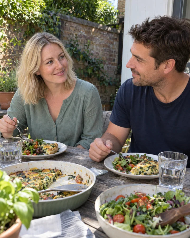 AI-generated demo: a blonde white woman and a white man eating lunch together on a garden patio